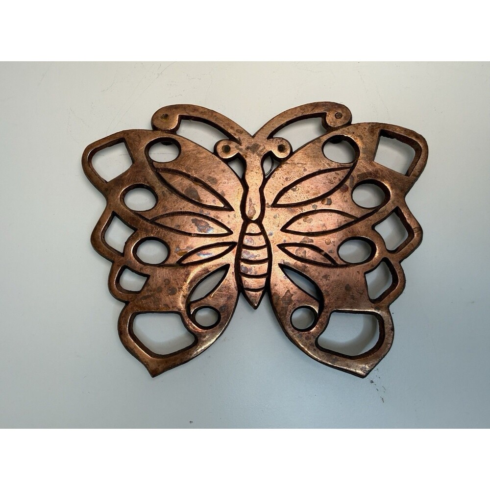 Vintage Copper Ornate Butterfly Trivet Wall Hanging Taiwan MCM Boho Chinoiserie